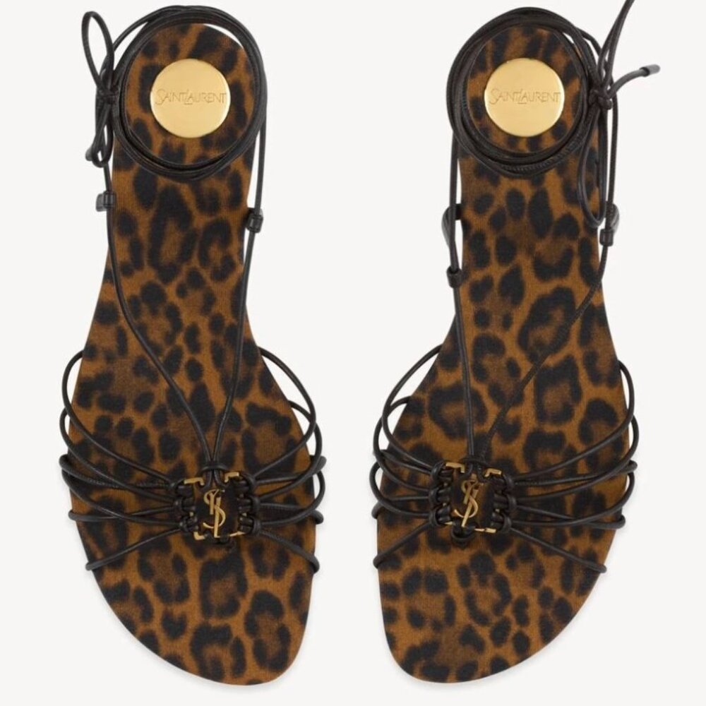 YSL Yves Saint Laurent 2025 BABYLONE Black Gladiator Sandals Leopard Print